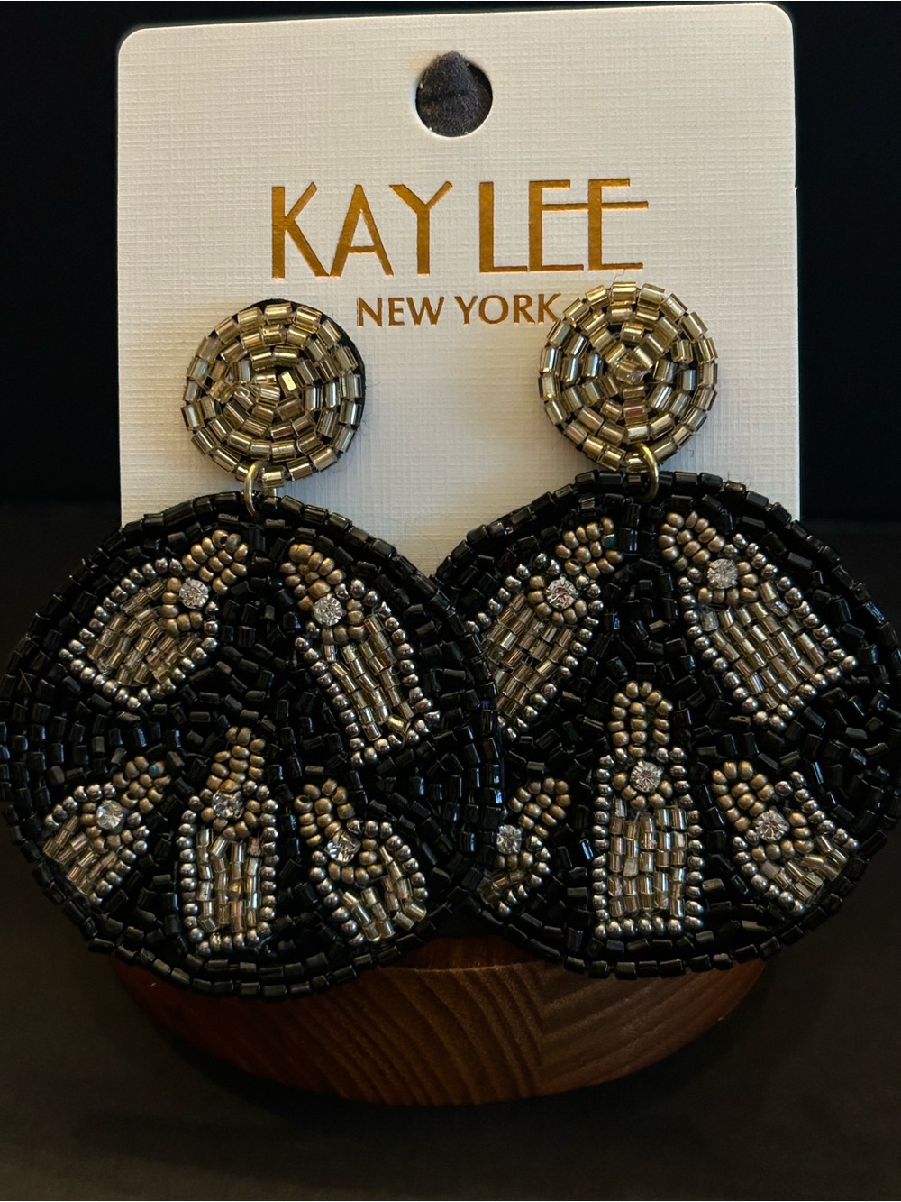 Kay Lee Black & Gold Hand Beaded Boho Large Round Drop Earrings Made in India
